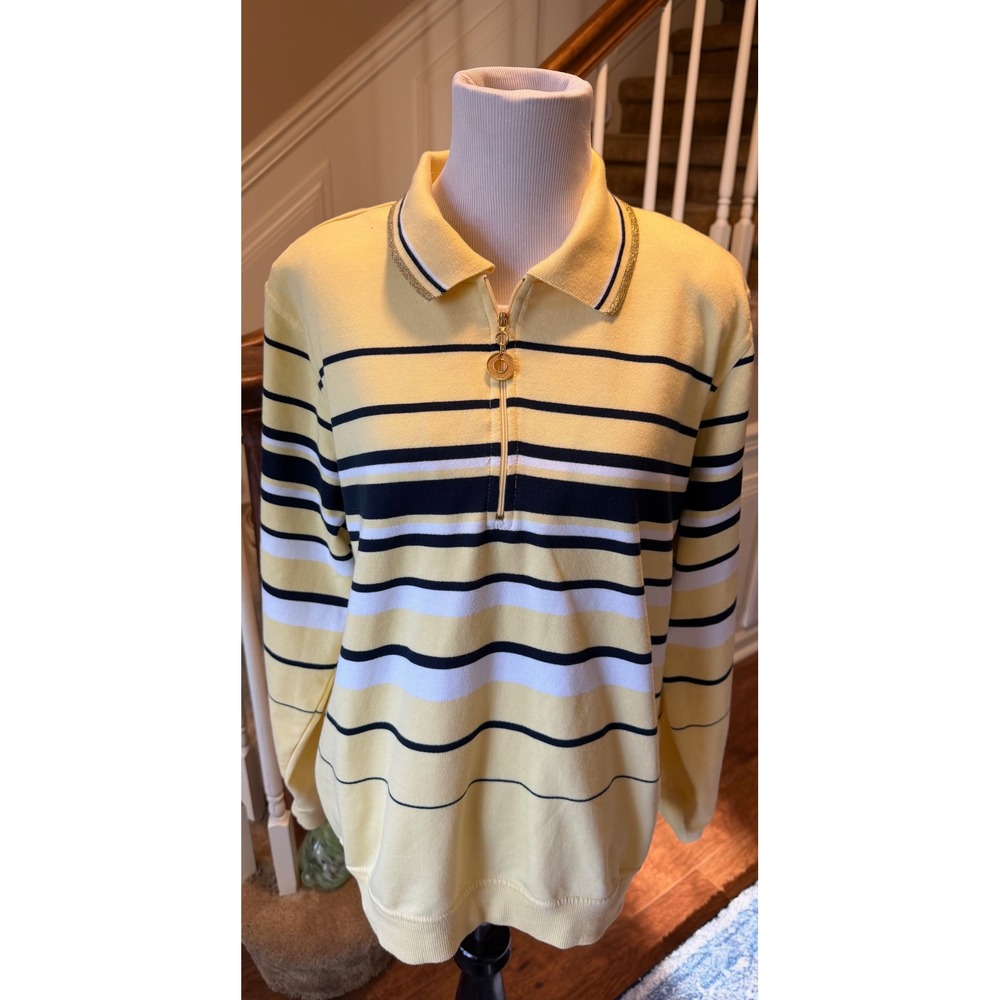 Koret K-Wear Womens Large Yellow Striped Quarter Zip Polo Long Sleeve Top Gold